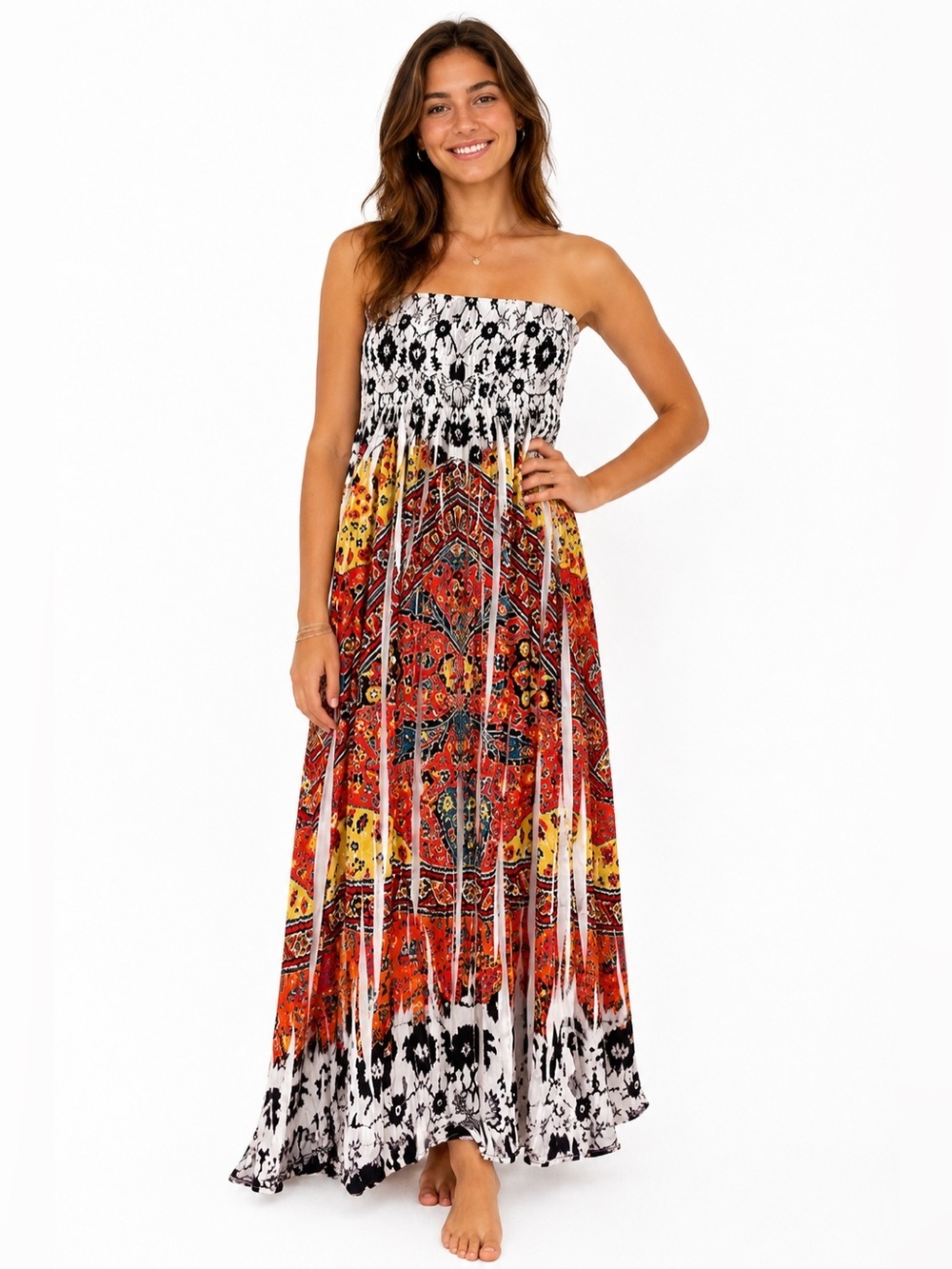 Style & Co Strapless Boho Maxi Dress Smocked Festival Print Size M